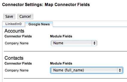 Google新闻标签上的地图连接器字段的屏幕截图：选择客户和联系人的模块字段