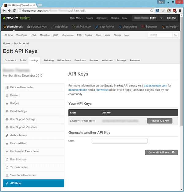 ThemeForest上的“ API密钥”页面
