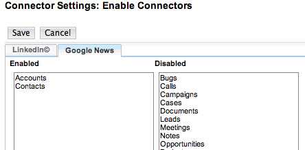 连接器设置的屏幕截图，带有“帐户和联系人”图标的Google新闻标签